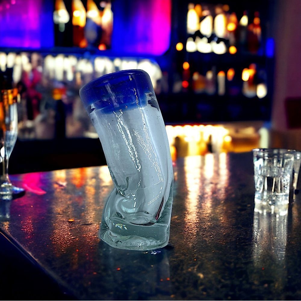 Crooked Tall Shot Glass l Royal Blue Rim l EUC